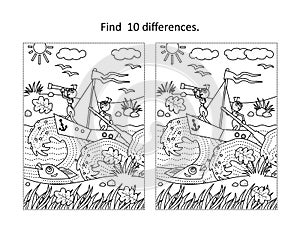 Ants the sailors find the differences picture puzzle and coloring page photo
